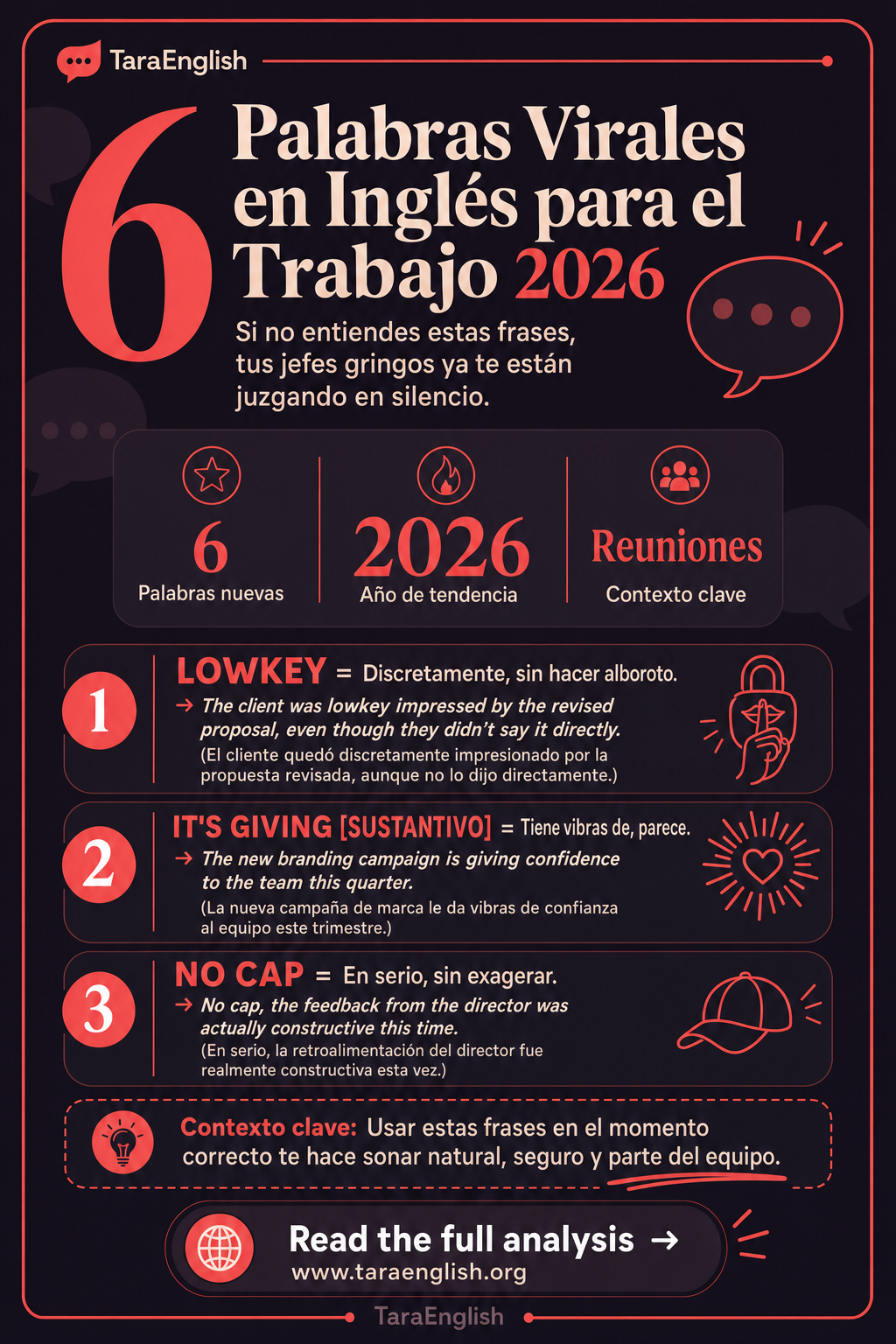 Infographic: 6 Palabras Virales en Inglés para el Trabajo 2026
